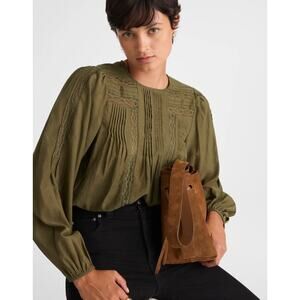 Madewell | NWT  Lace-Insert Pintucked Long-Sleeve Top Faded Ivy | Sz XXS